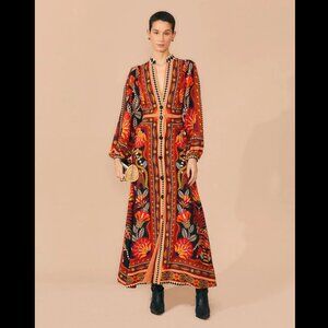 Farm Rio - Red Nature Beauty Scarf Long Sleeve Maxi Dress - NWT